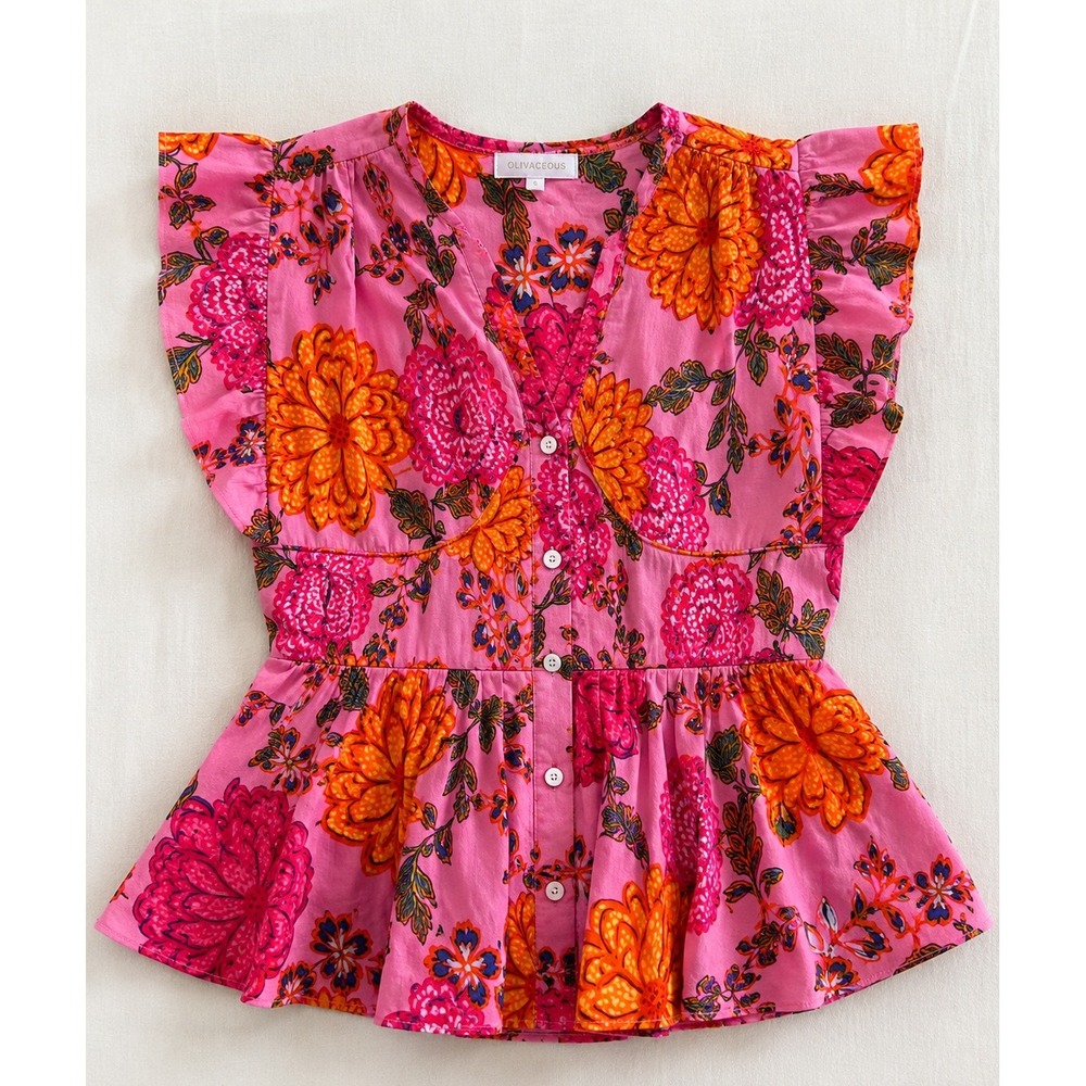 Olivaceous Dopamine Dressing Floral Flutter Sleeve Peplum Top S